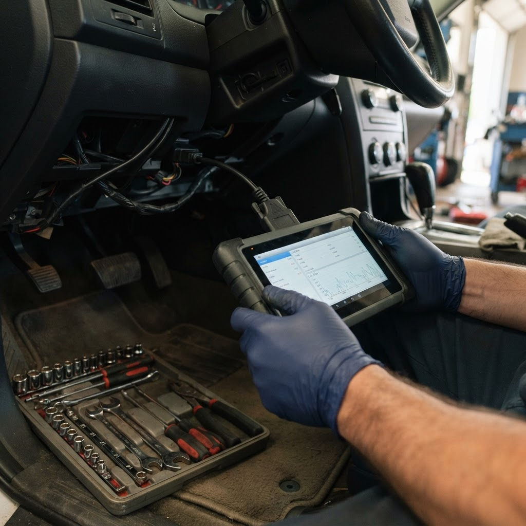 Mechanic using a diagnostic scanner on a vehicle